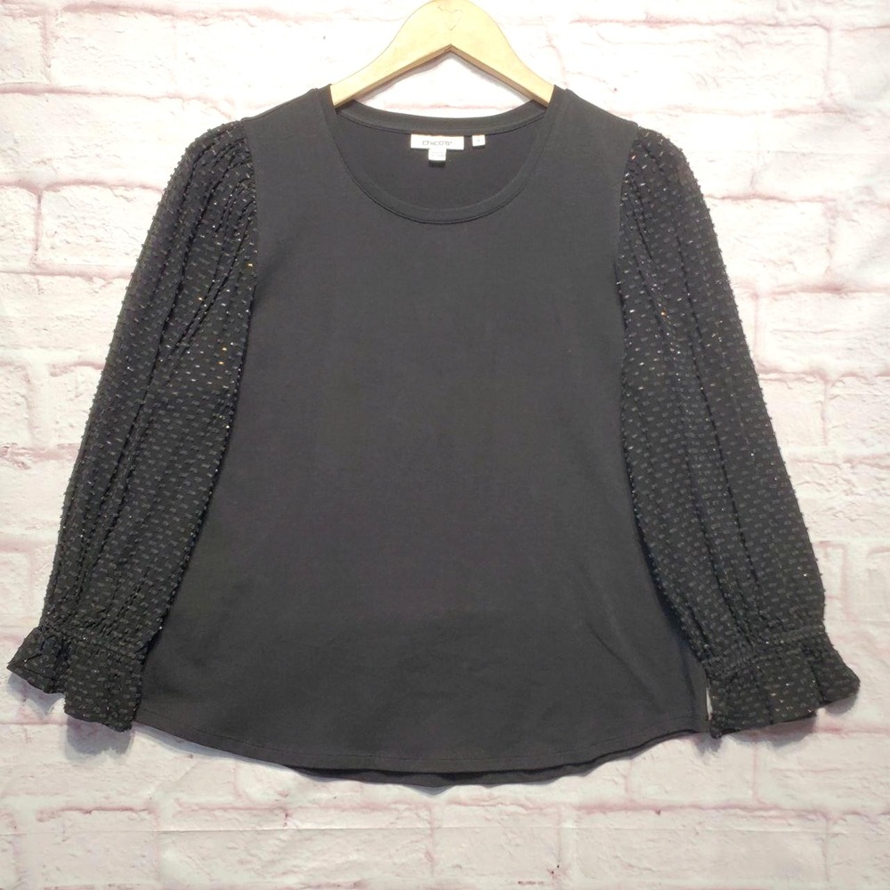Chicos Black Gold Clip Dot Puff Sheer Balloon Sleeve Top Boho Goth Chic Womens M